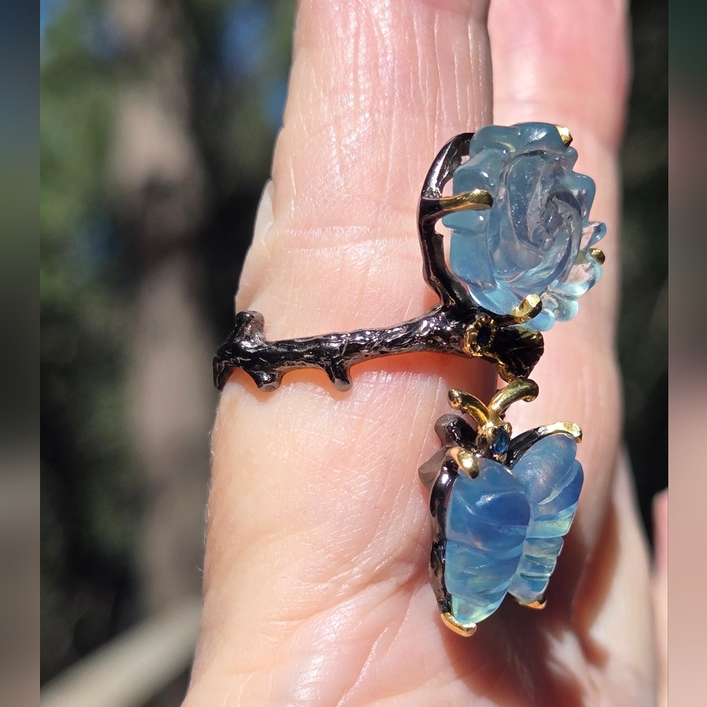 Aquamarine Butterfly & Flower Sterling Rhodium & Gold Ring Sz9 Adjustable - Picture 5 of 14